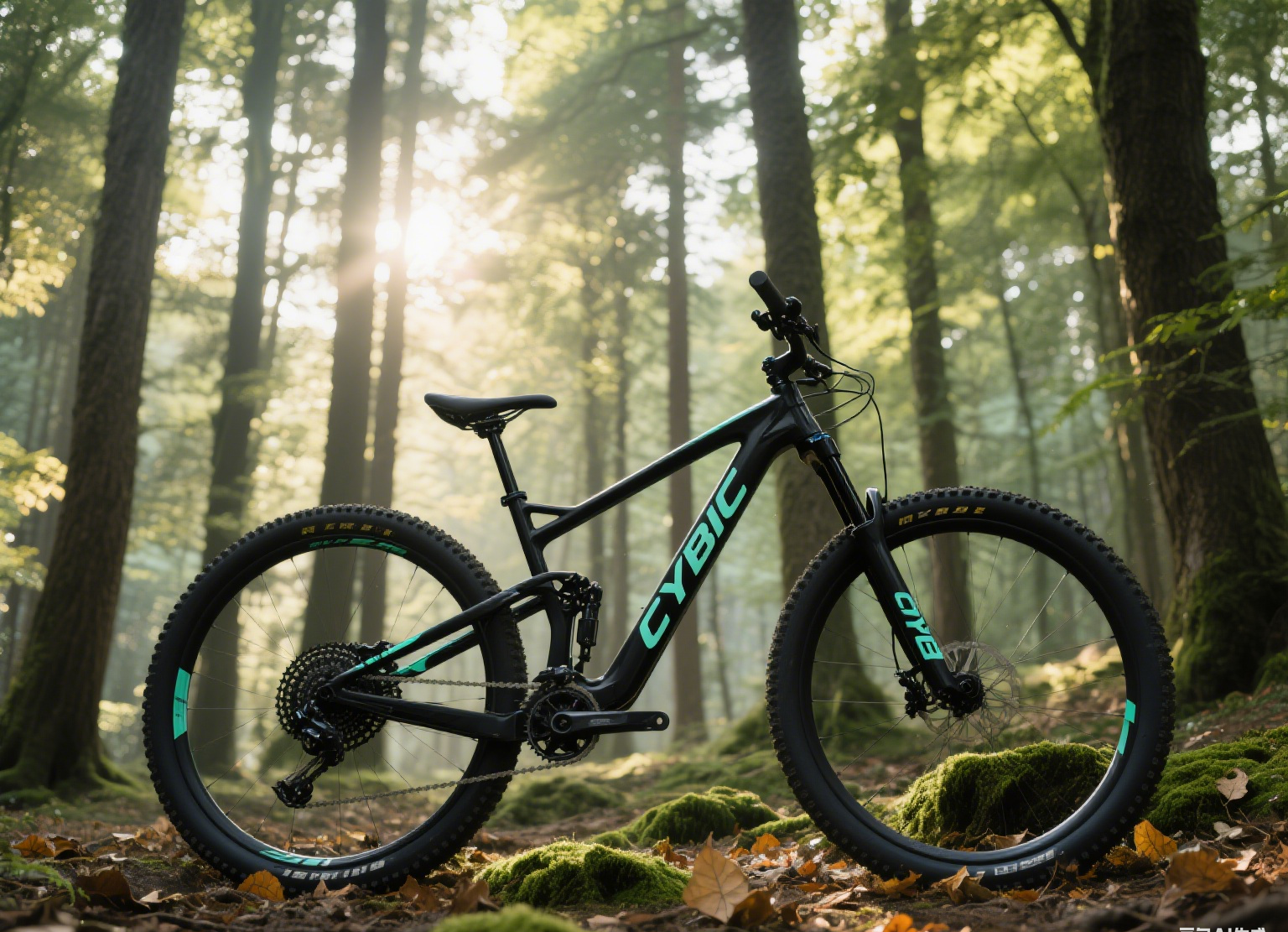 Black mountain bike in forest