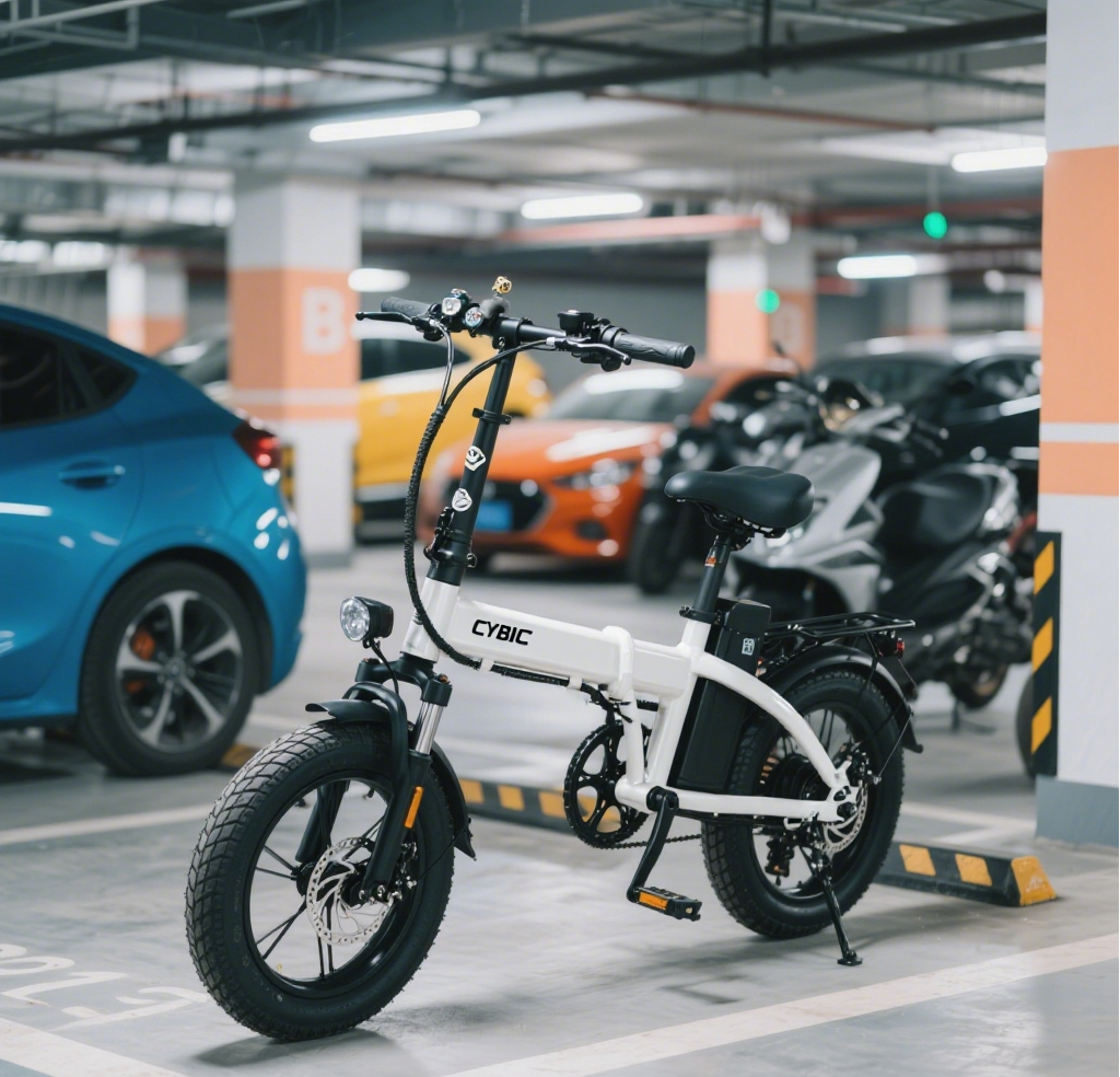 White e-bike in parking lot