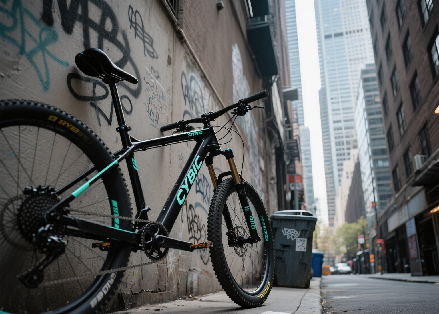 Black bike by graffiti wall