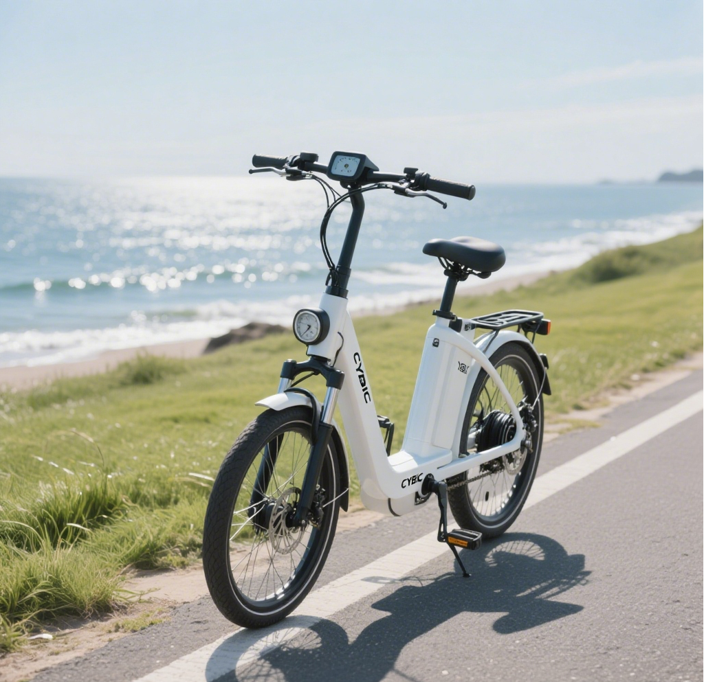White e-bike by seaside