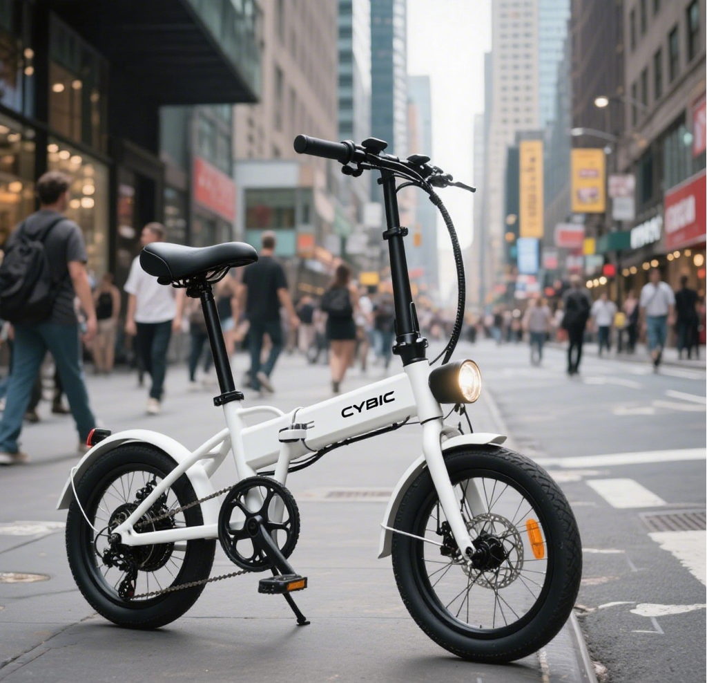 White folding e-bike in city